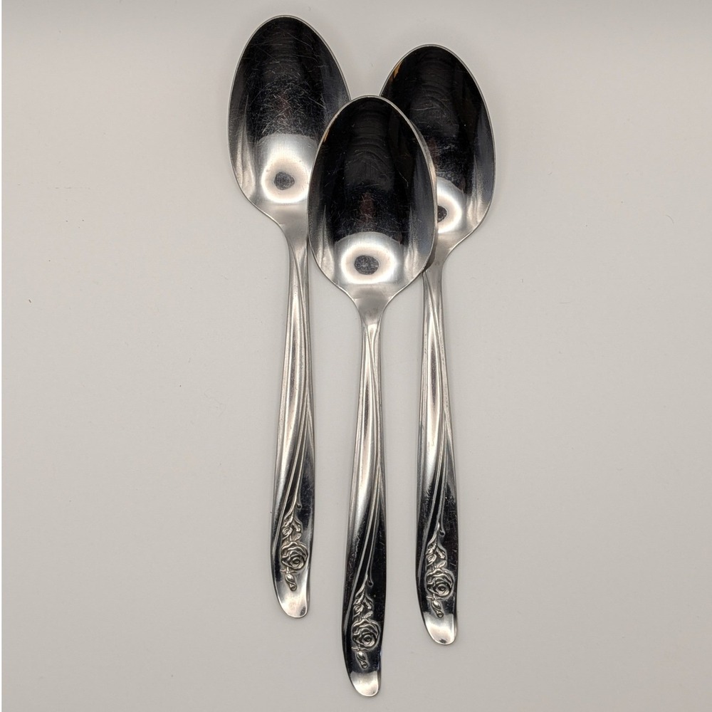 Oneida Custom Stainless Roseanne Place Oval Spoon 3 VTG Rose Flatware 7 1/4"